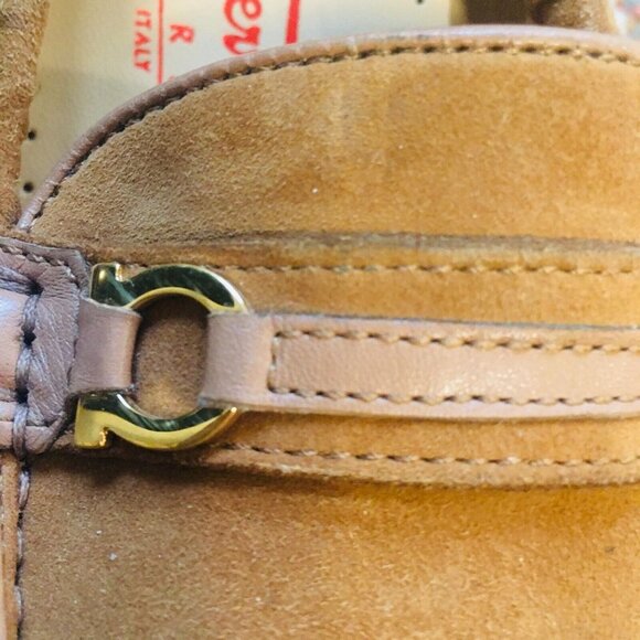 FERRAGAMO Vintage Suede Tan Horse Bit Logo Stretch Elastic Loafers Shoes W 7.5B - Picture 7 of 11